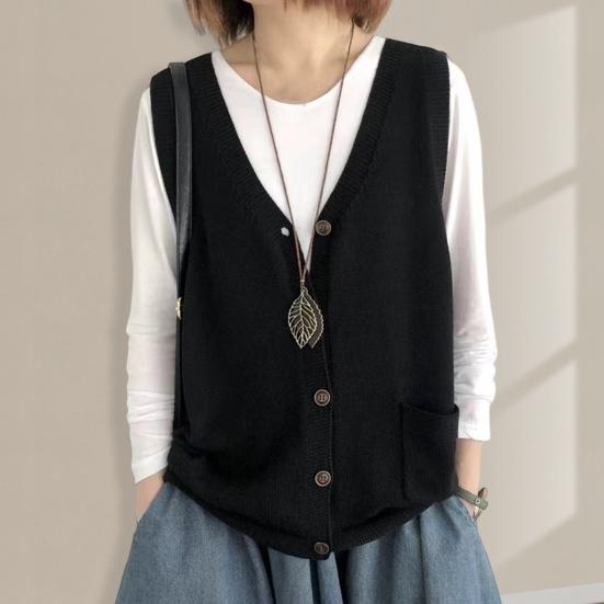 Women Knitting Vest V-Neck Sleeveless Single Breasted Warm Waistcoat Solid Color Loose Fit