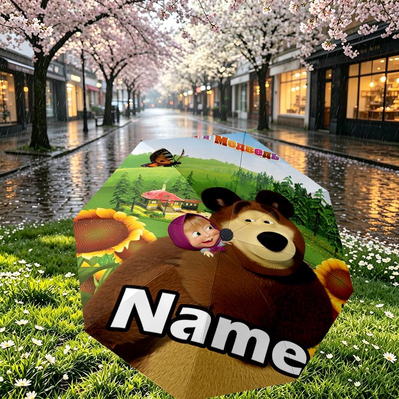 Custom Name Personalized Masha and The Bear Print Umbrella, Auto Open Close, 8‑Rib Sturdy Frame, Commute Camping Hiking Use, Birthday Gift