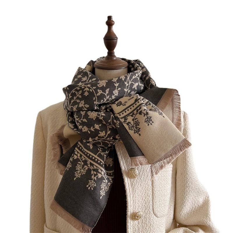 Autumn and Winter Versatile Elegant Small Floral Imitation Cashmere Scarf Women's High-end Warm Scarf Shawl Car Blanket Women