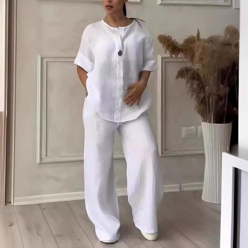 Cotton Linen Sets Two 2 Pieces Sale Casual Long Sleeve Button Loose Blouse Shirt&High Elastic Wide Leg Loose Pant Suits