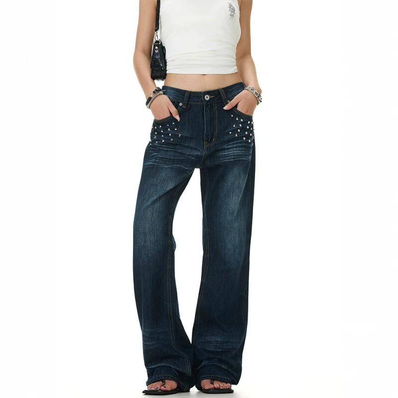Womens Plus Size Washed Denim Flared Jeans With Rivet Detail Straight Fit High Stretch Low Rise Long Pants