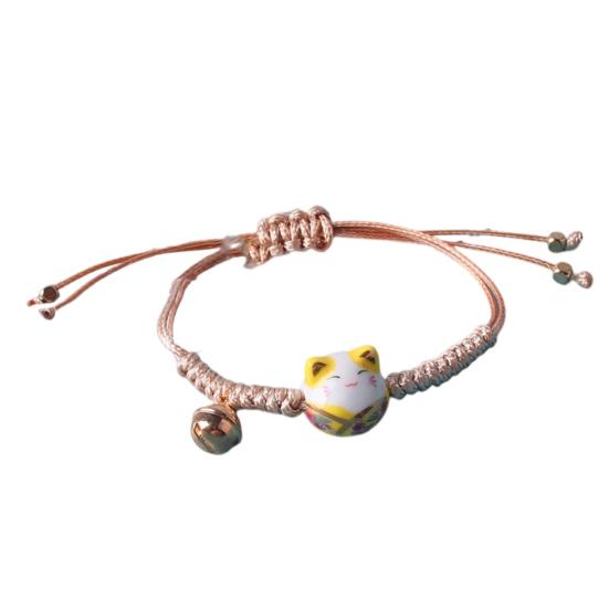 Браслет на запястье, керамический декор в виде кошки, маленький колокольчик, ручная работа, регулируемый, декоративный, темпераментный, плетеный, веревочный, подвески, браслет-шнурок для повседневной жизни