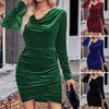 Женское мини-платье с V-образным вырезом, облегающее, с плиссировкой, с длинными рукавами, с неровным подолом, однотонное, эластичное, короткое платье для клубной вечеринки на осень-весну