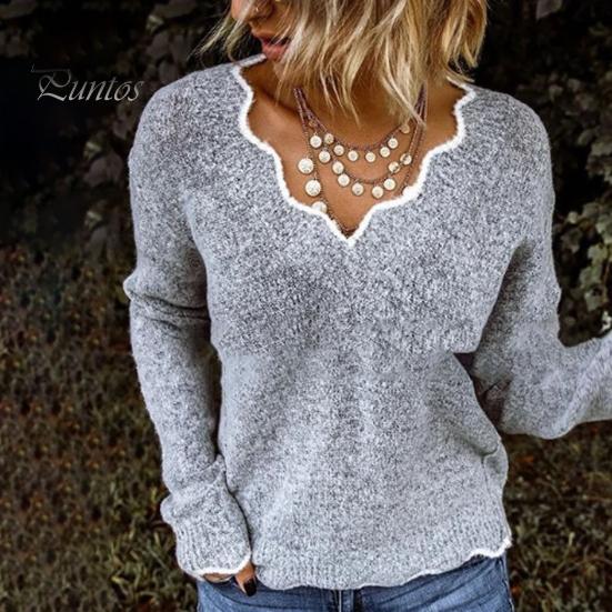 Женский свитер с длинным рукавом, свободный крой, V-образный вырез, вязаный свитер, женский повседневный джемпер, пуловер, топ для осени и зимы
