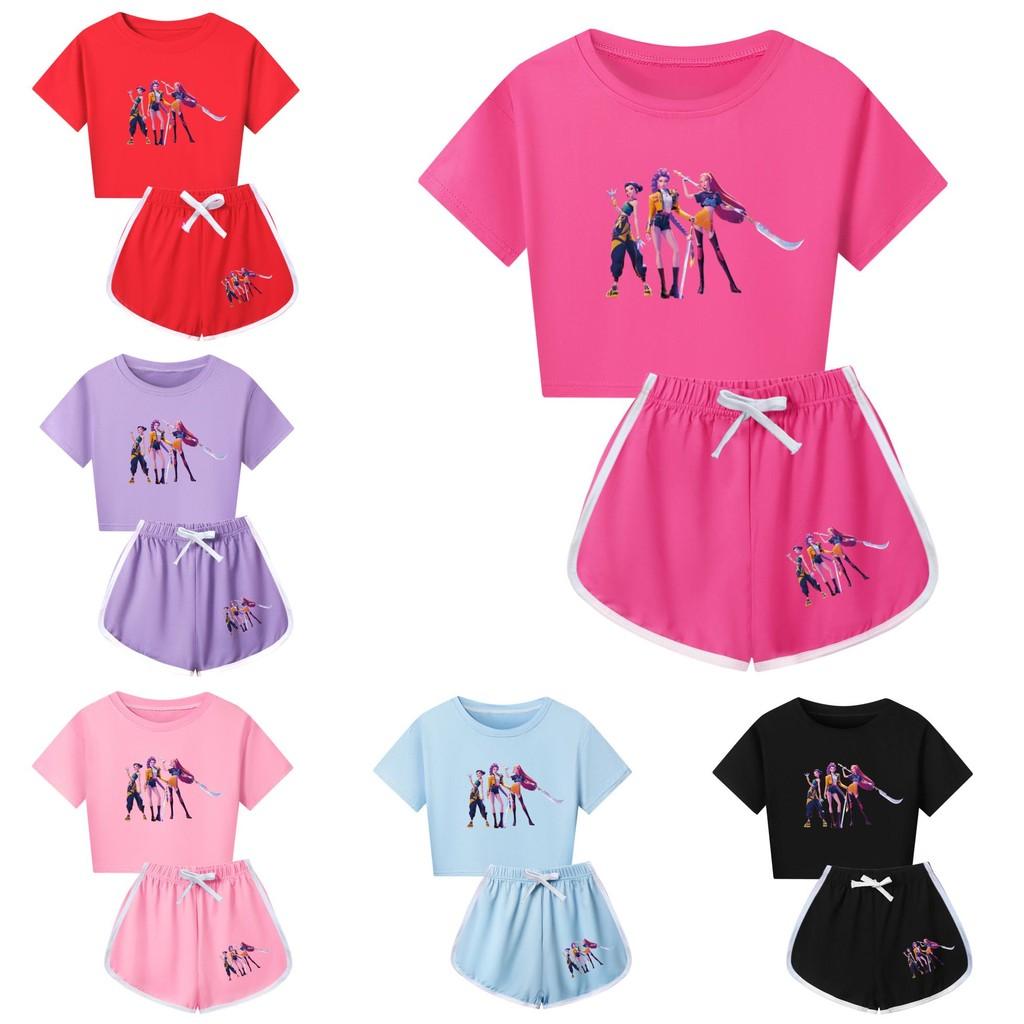 Kpop Demon Hunters Print Child Short Sleeve Shorts Pajama Set With Polyester Cotton Blend For Family Sleepwear