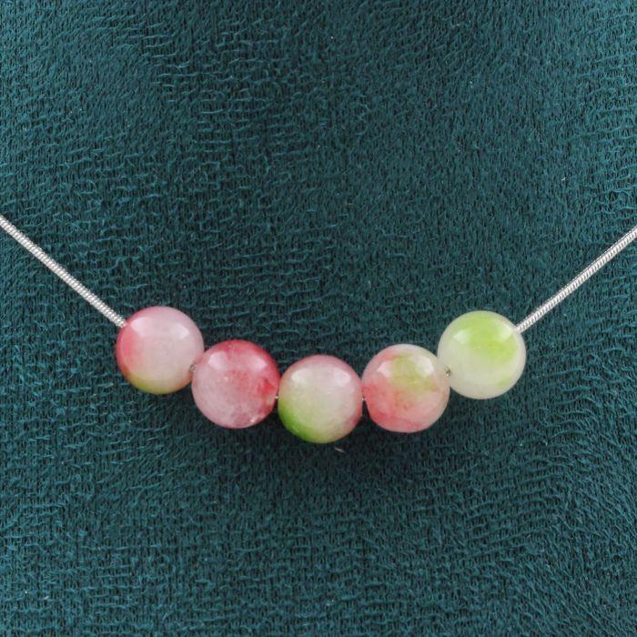 Stones and Minerals. 5 Watermelon Tourmaline Beads Necklace 8mm Steel Chain Necklace for Women, Men. Customizable Size.
