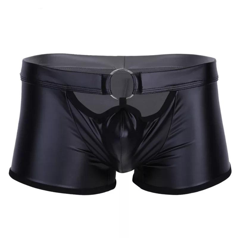 Mens Sexy Soft Leather Short Pants For Sex Latex Sheath Underwear Sexy Bottom Male Patent Leather Fetish Boxer Hot Pants Sexi