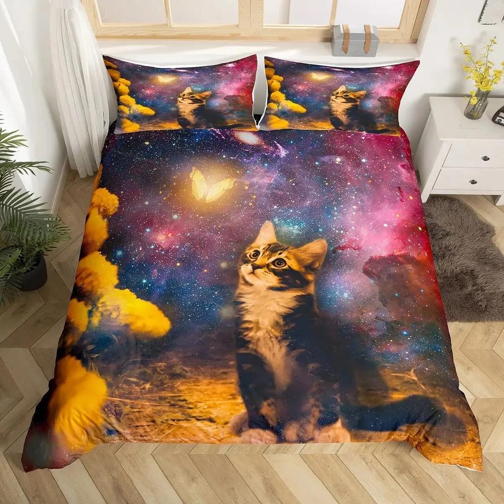 Rainbow Cat Butterfly Duvet Cover Set King,Watercolor Tie Dye Planet Galaxy Outer Space Bedding Set Shiny Golden Glitter Bed Set