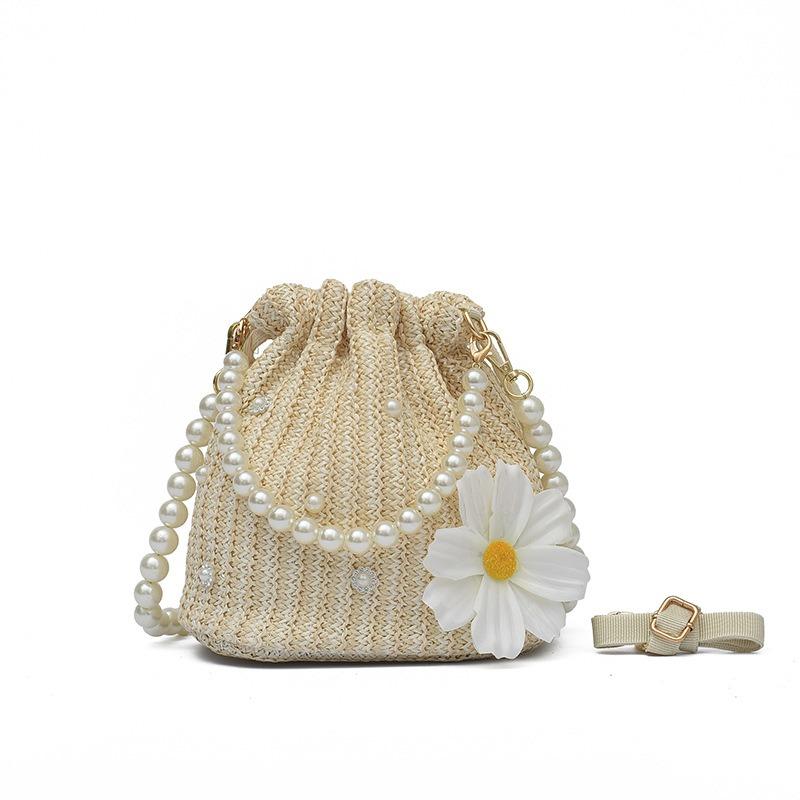 Маленькая плетеная сумка Fresh Flower с жемчужной цепочкой, сумка-тоут Holiday Wind Beach Crossbody Bucket Bag