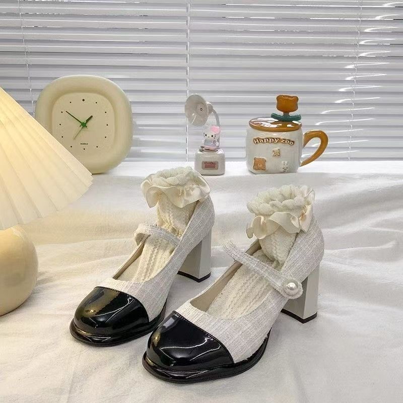 Модные универсальные туфли Мэри Джейн с юбкой, одинарные туфли, французский толстый каблук, ремешок с пряжкой на одно слово, открытый вырез, высокие каблуки, женские