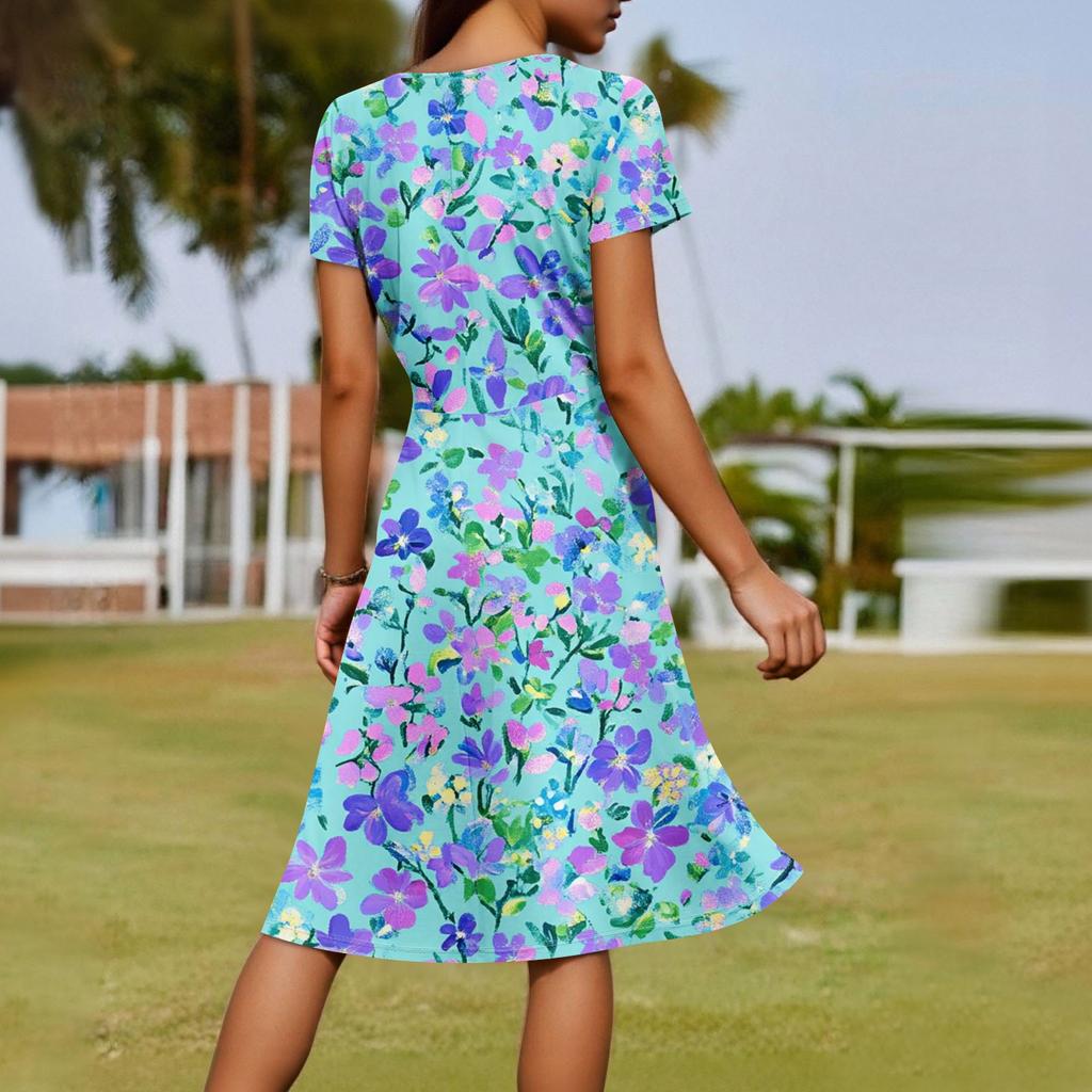 Ladies Summer Fashion Casual Floral Print V-Neck Short Sleeve Pocket Dress