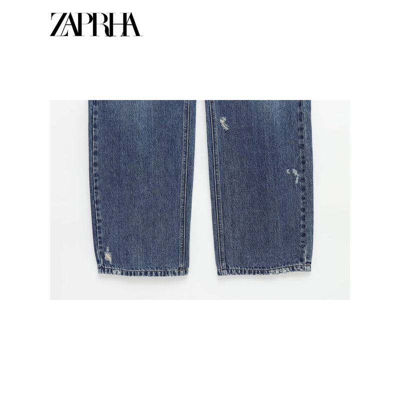 Zaprha 2025 New Arrival Fashion Holes Wide Leg High Waist Arc Profile Denim Female Loose Feeling 8197011