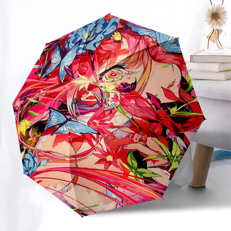 1 шт. Уличный зонт с рисунком аниме-девушки и цветов - Автоматическое открытие/закрытие, Портативная 3-складная конструкция, Железный каркас с 8 спицами, Идеальный подарок для