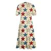 Ladies Casual Fashion Print V-Neck Short Sleeve Waist Long Swing Dress