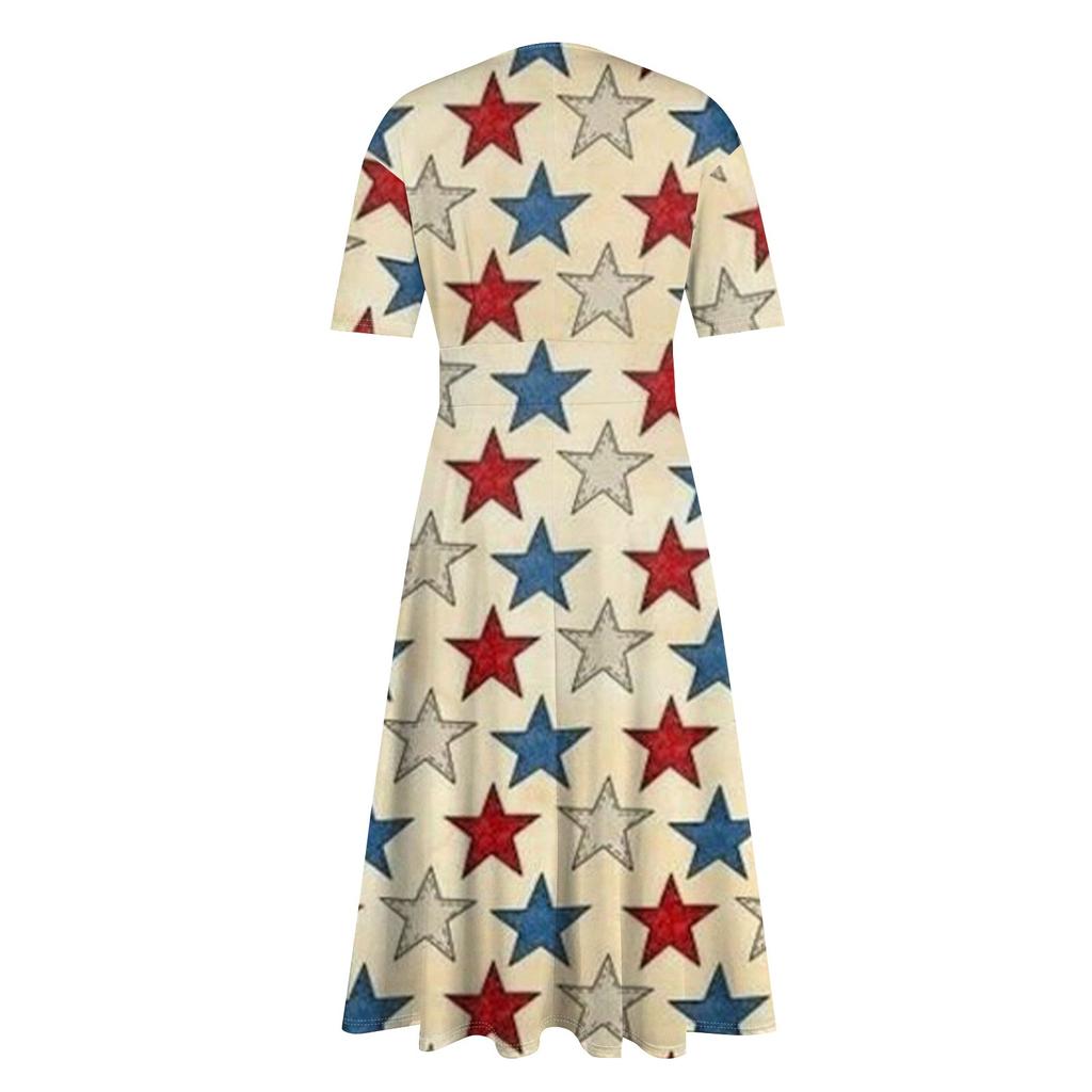 Ladies Casual Fashion Print V-Neck Short Sleeve Waist Long Swing Dress