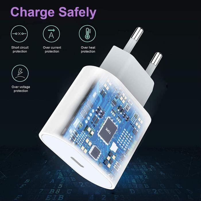 Chargeur Rapide USB C 20W avec Cable 1M, Prise Rapide Secteur USB- C Mural Alimentation Adaptateur pour Phone 12/12 Mini / 12 Pro /