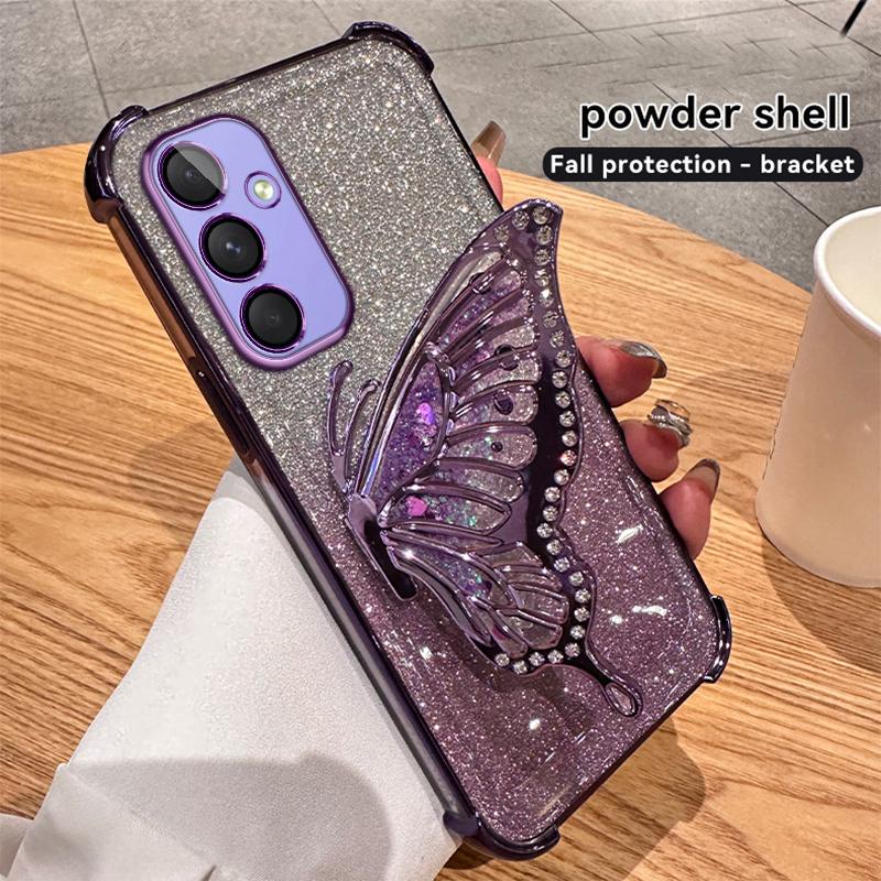 Блестящий чехол-подставка «Бабочка» для телефона Samsung S25 S24 23 S22 S21 Ultra Plus S25 S23 FE A17 A07 A06 A56 A36 A16 A55 A35 A25 A15 A54 A53 A14 A13