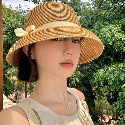 Hepburn Style Bow Top Hat Women's Summer Sunscreen Sunshade Fisherman Hat Vacation Wind Seaside Face Small Straw Hat Tide