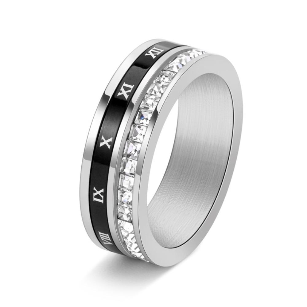 Rotating Roman Numeral Ring Stainless Steel Square Diamond Single Row Band Stylish Index Finger Jewelry