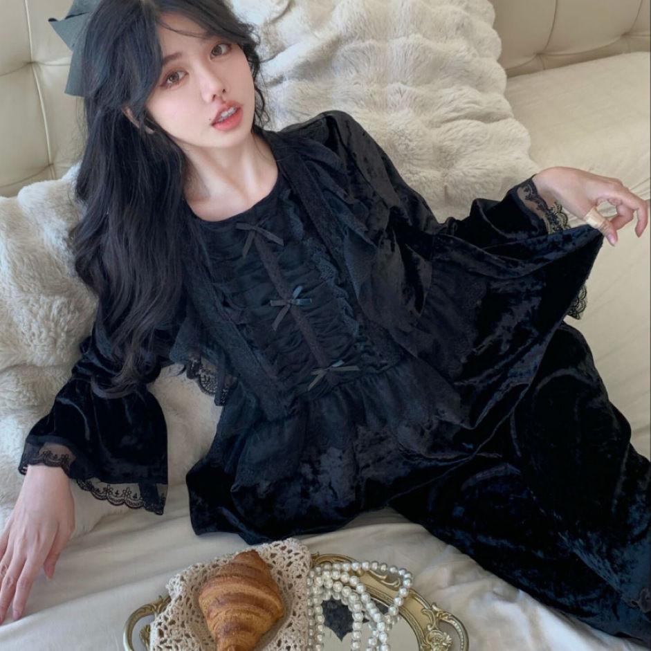 Новый стиль Осень и Зима Сладкий Кружевной Дворцовый Стиль Пижама Женский Комплект Канарский Бархат Теплая Одежда для Дома Пижама для Женщин Одежда для Сна