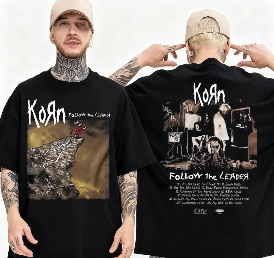 Летняя футболка 2025 года с графикой рок-группы Korn Follow The Leader Редкая футболка в стиле Nu Metal Мужская Готическая Ретро Хлопковая Свободная Футболка -...