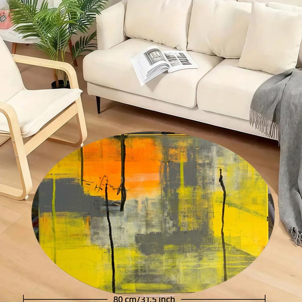 Abstract Yellow Gray Paint Splash Round Rug Flannel Modern Art Floor Mat for Living Room Studio Apartment Trendy Home Decor Item