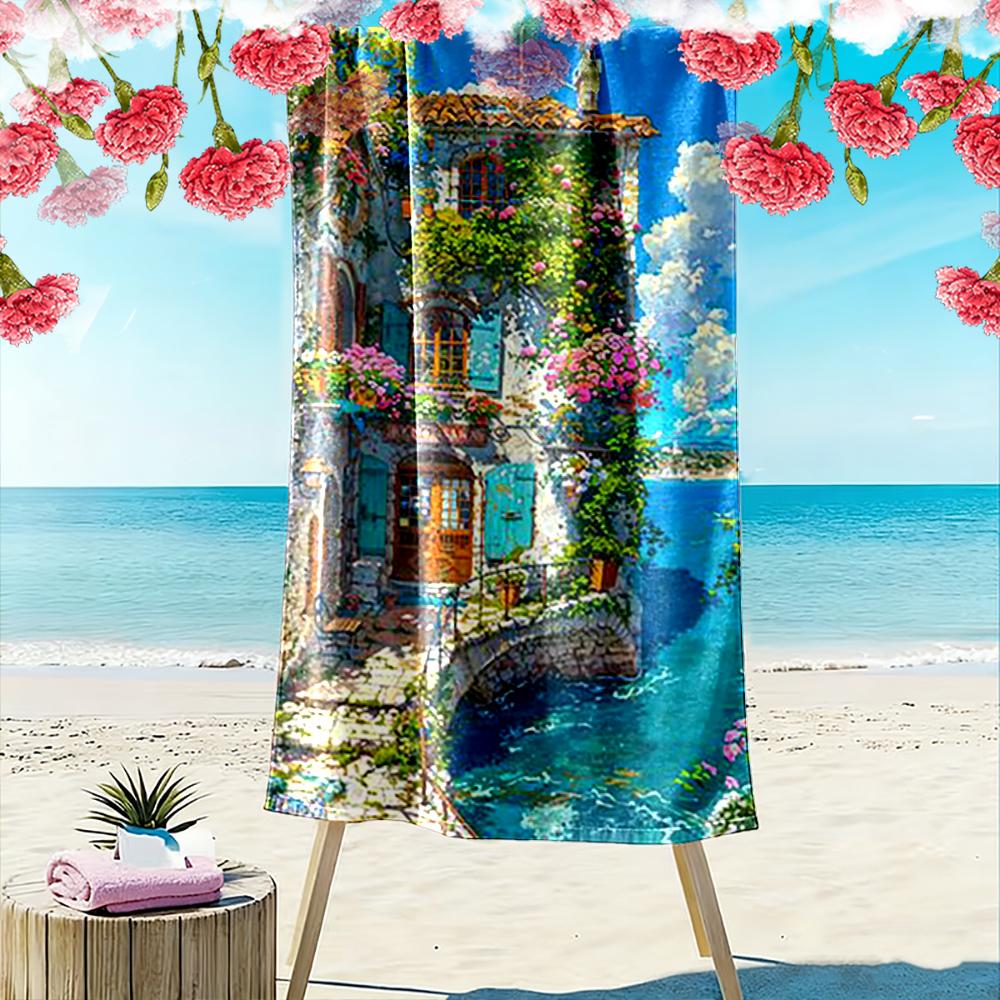 Colorful Mediterranean House by the Sea Beach towel quick-drying for travel outdoor sports jogging beach and swimming