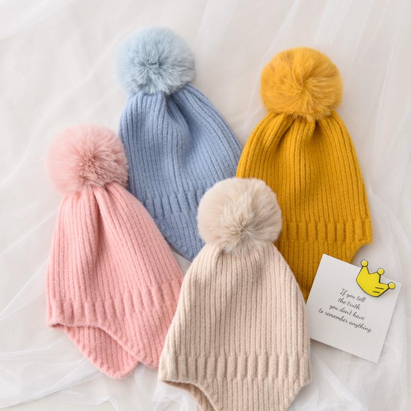 Winter Baby Beanie Hat With Earflap Fur Ball Winter Woolen Knitted Hats For Kids Outdoor Warm Girls Boys Ear Protection Cap