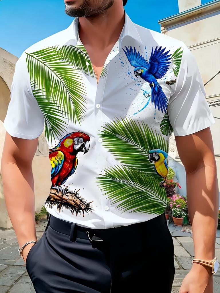 Men'S Macaw Short Sleeve Shirt, Tropical Vacation Style Blouse, All-Over Print Colorful Feather Parrot Palm Leaf Pattern Loose Top, Suitable for