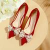 Rimocy Sexy Red Velvet Wedding Shoes For Women  Luxury Pearl Bowknot Pointed Toe Pumps Woman Stiletto High Heels Dress Shoes