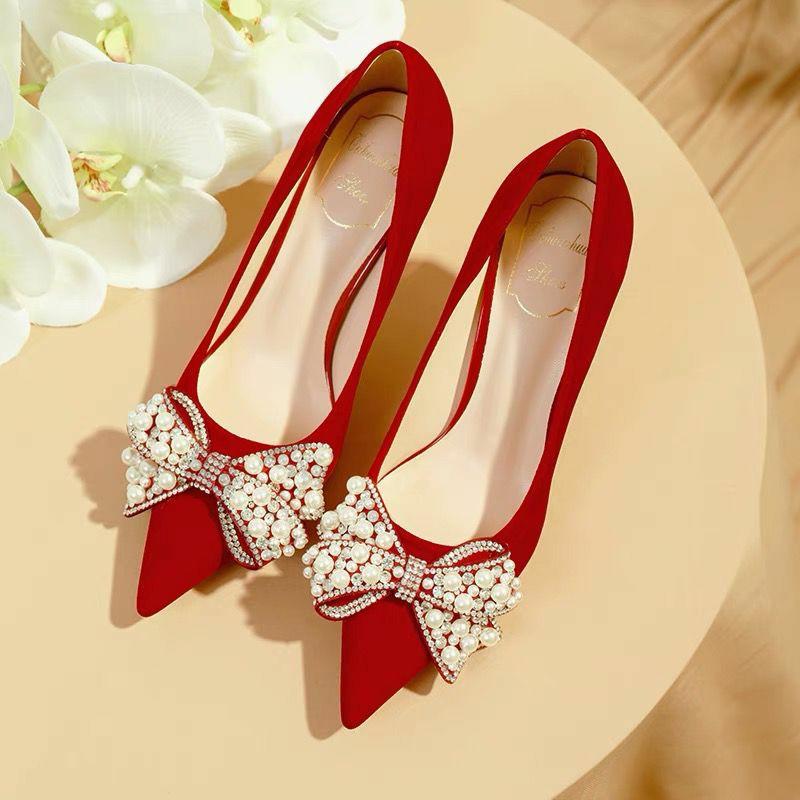 Rimocy Sexy Red Velvet Wedding Shoes For Women  Luxury Pearl Bowknot Pointed Toe Pumps Woman Stiletto High Heels Dress Shoes