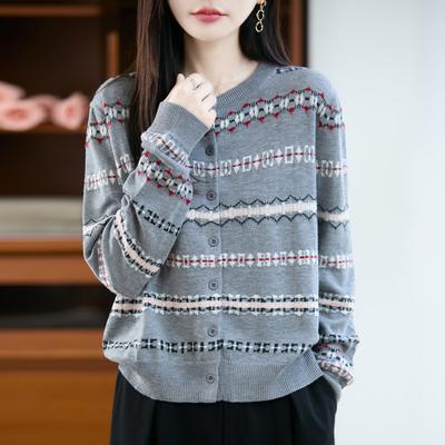 Новый винтажный вязаный кардиган с круглым вырезом для женщин с жаккардовым узором, свободный и универсальный топ для весны, осени и зимы