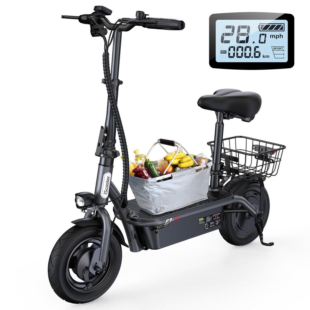 iScooter F3 10'' Electric Scooter 1000W 48V/13Ah 45KM/H Folding Light Weight with Seat and Basket Adult Shopping Scooter