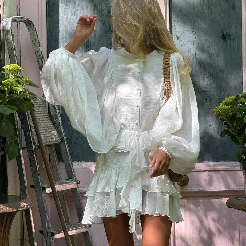 Elegant Solid Layered High Waist Mini Vestidos Women Chic Long Sleeve See Through Ruffles Single Breasted Dress New Street Wear