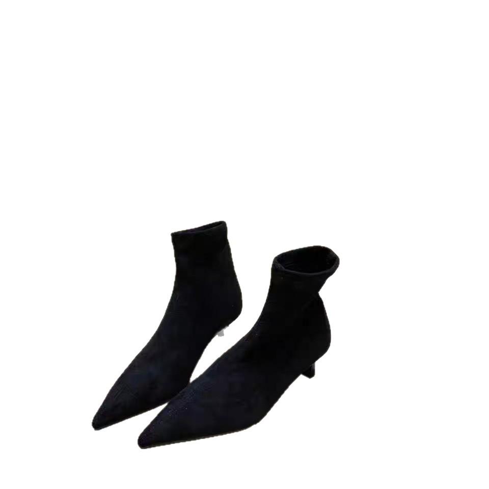 Французские остроносые короткие ботинки женские 2025 лето и осень новые шпилька замша тонкие ботильоны интернет-знаменитость эластичные носки ботинки Мартин