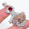 Rock Fossil, Garnet Handmade 925 Sterling Silver Jewelry Pendant 2.36" W4w08
