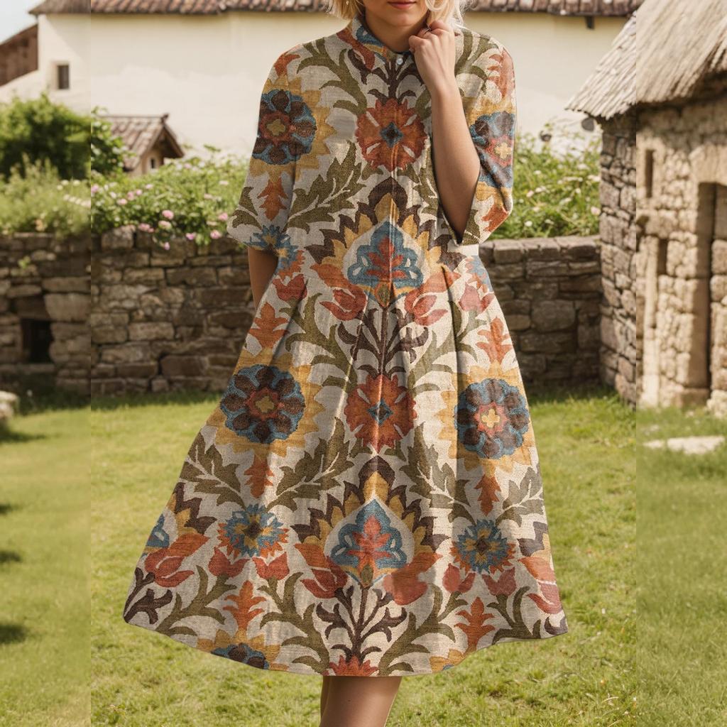 Dress For Women Elegant Casual Smocked Button Lapel Short Sleeve Knee Length Dress