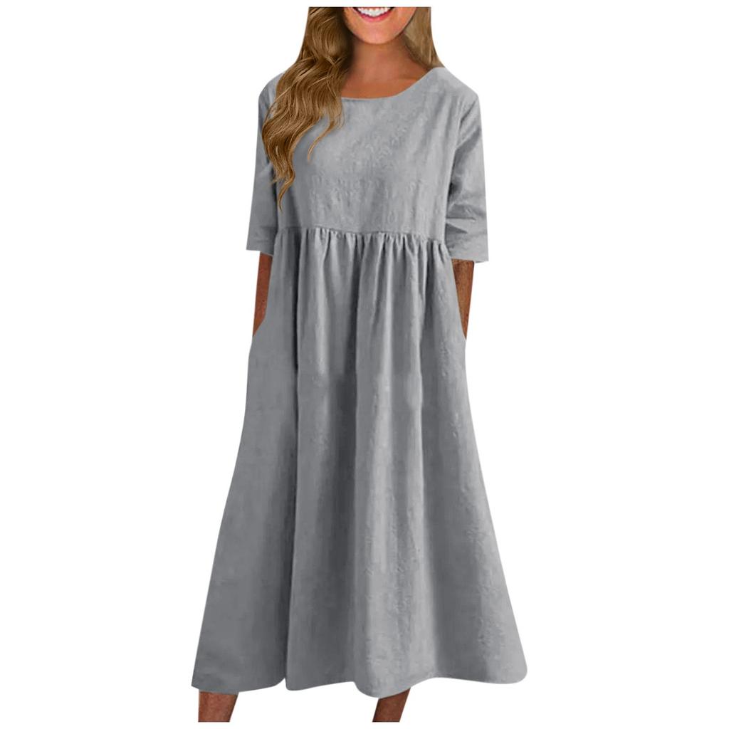 Women's Summer Solid Color Round Neck Half Sleeve  Casual Long Solid Color Dress
