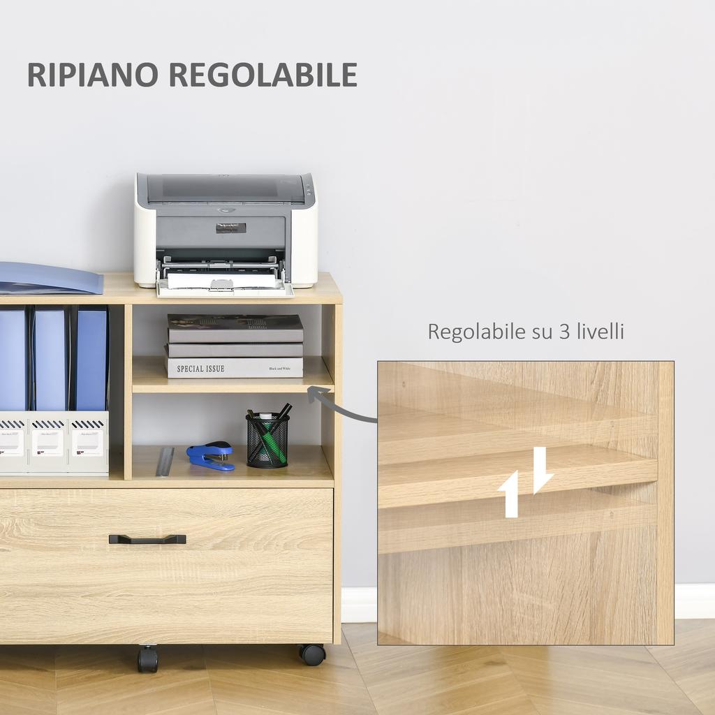 Multi-purpose Office Furniture in Wood, Chest of Drawers with Wheels Printer Holder with 5 Wheels, Drawer and Adjustable Shelf, 77x40x73cm, Wood