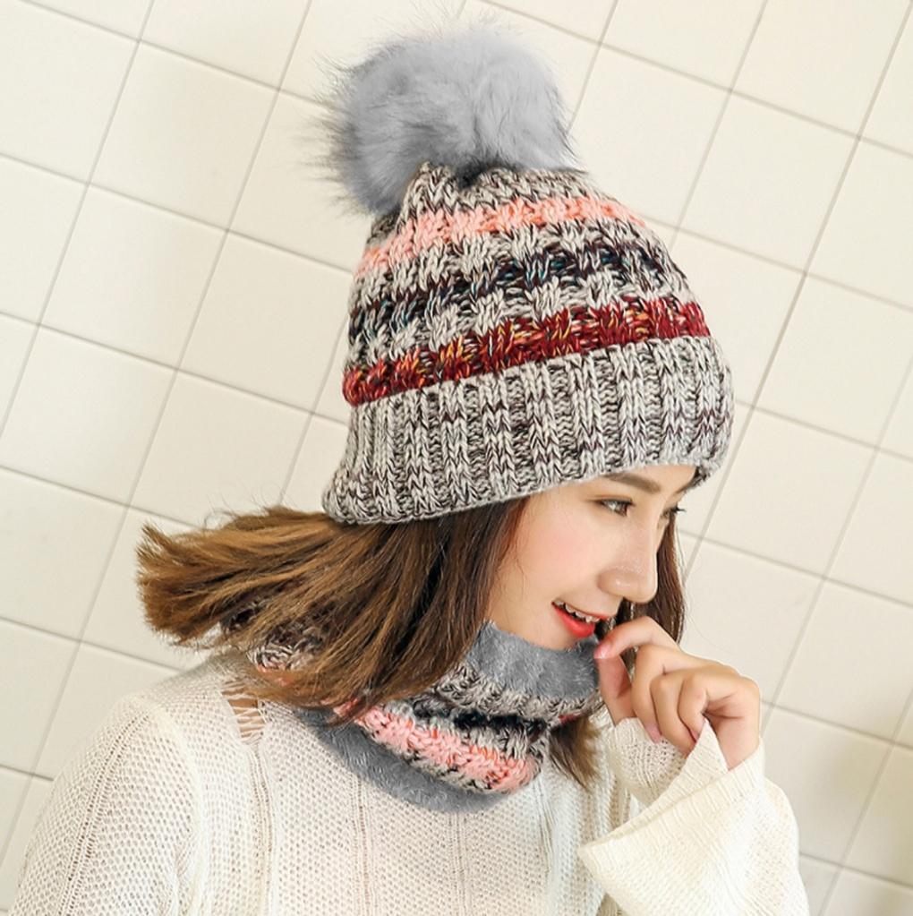 Winter cold weather gear: drop knit neck warmer and fur hat set in gray