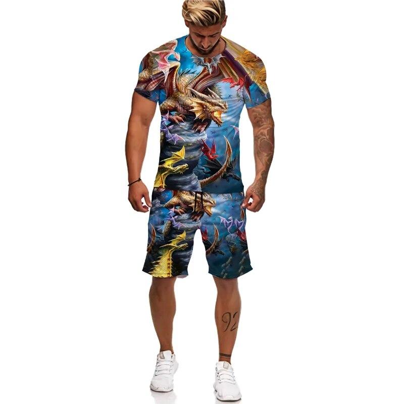 Мужская футболка/костюм с 3D принтом Flying Dragon Totem Art, летний крутой топ с короткими рукавами + шорты, комплект, готический спортивный костюм в стиле хип-хоп