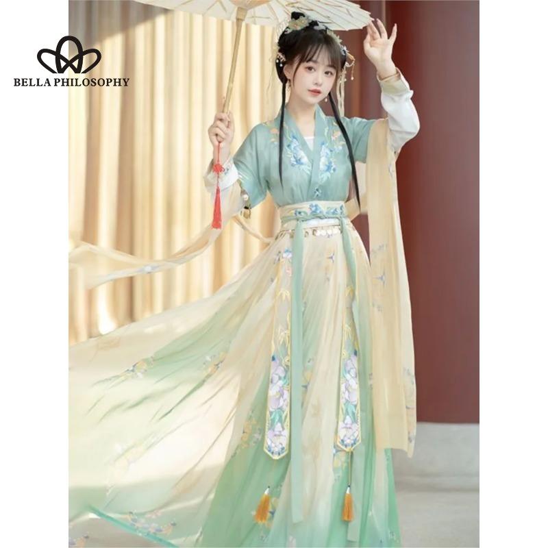Новый китайский стиль, ретро, античный стиль, нежный оригинальный дизайн, платье Hanfu с длинными рукавами и принтом на талии