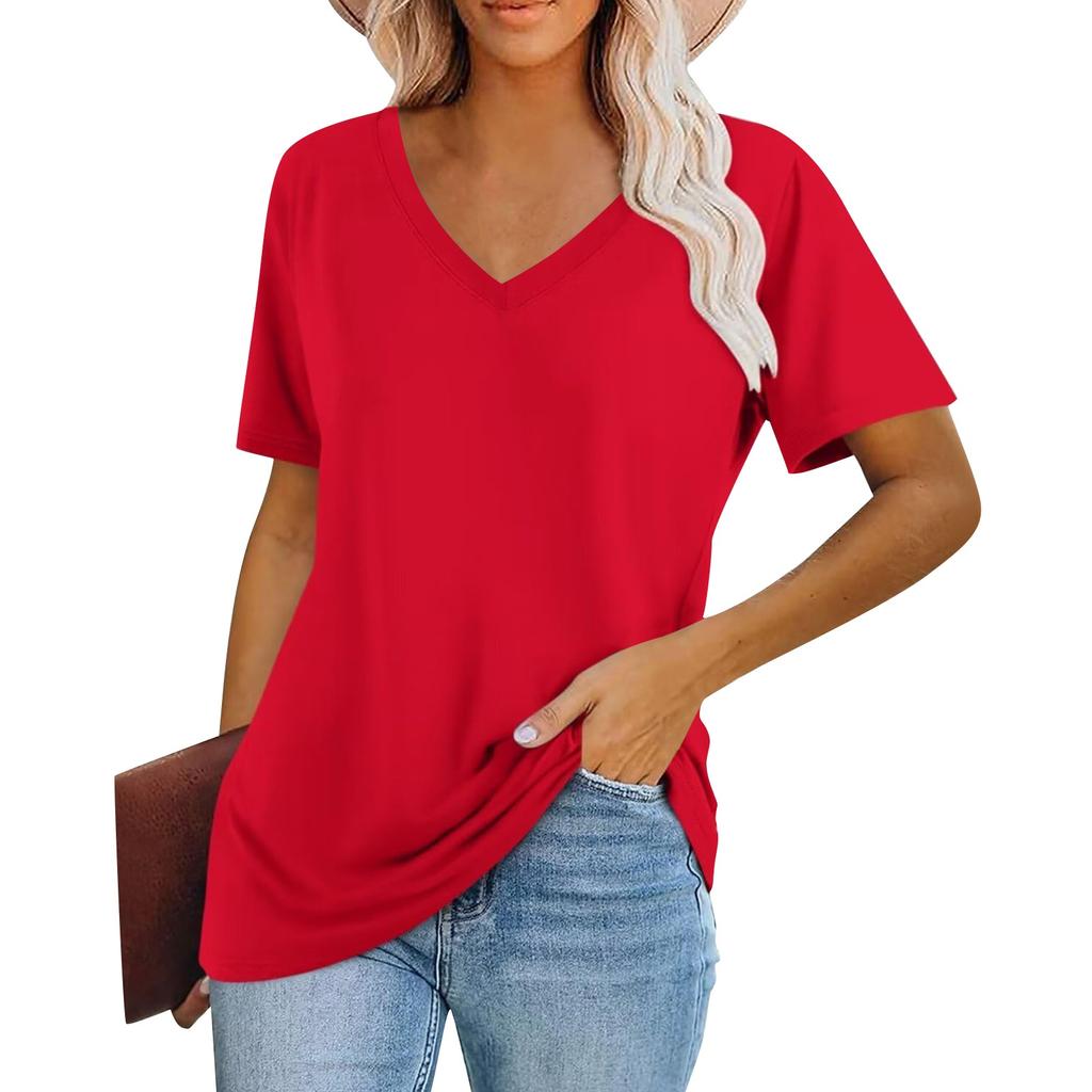 Women's Fashion V-Neck Classic Loose Solid Color Casual Short Sleeve T-Shirt
