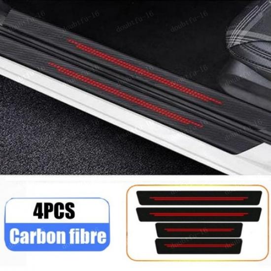 4x Red Carbon Fibre Leather Car Door Sill Protection Cover Sticker Accessories
