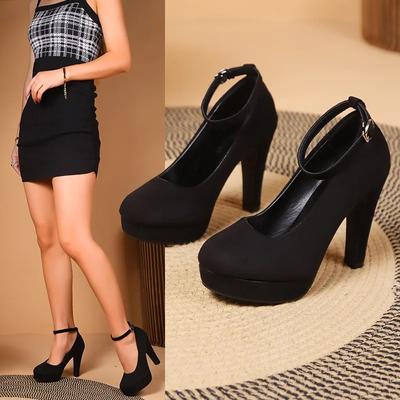 Мода 2024 года, новые замшевые женские туфли на французском толстом каблуке, водонепроницаемая платформа, толстая подошва, пряжка, большой размер, элегантные туфли на высоком каблуке для женщин