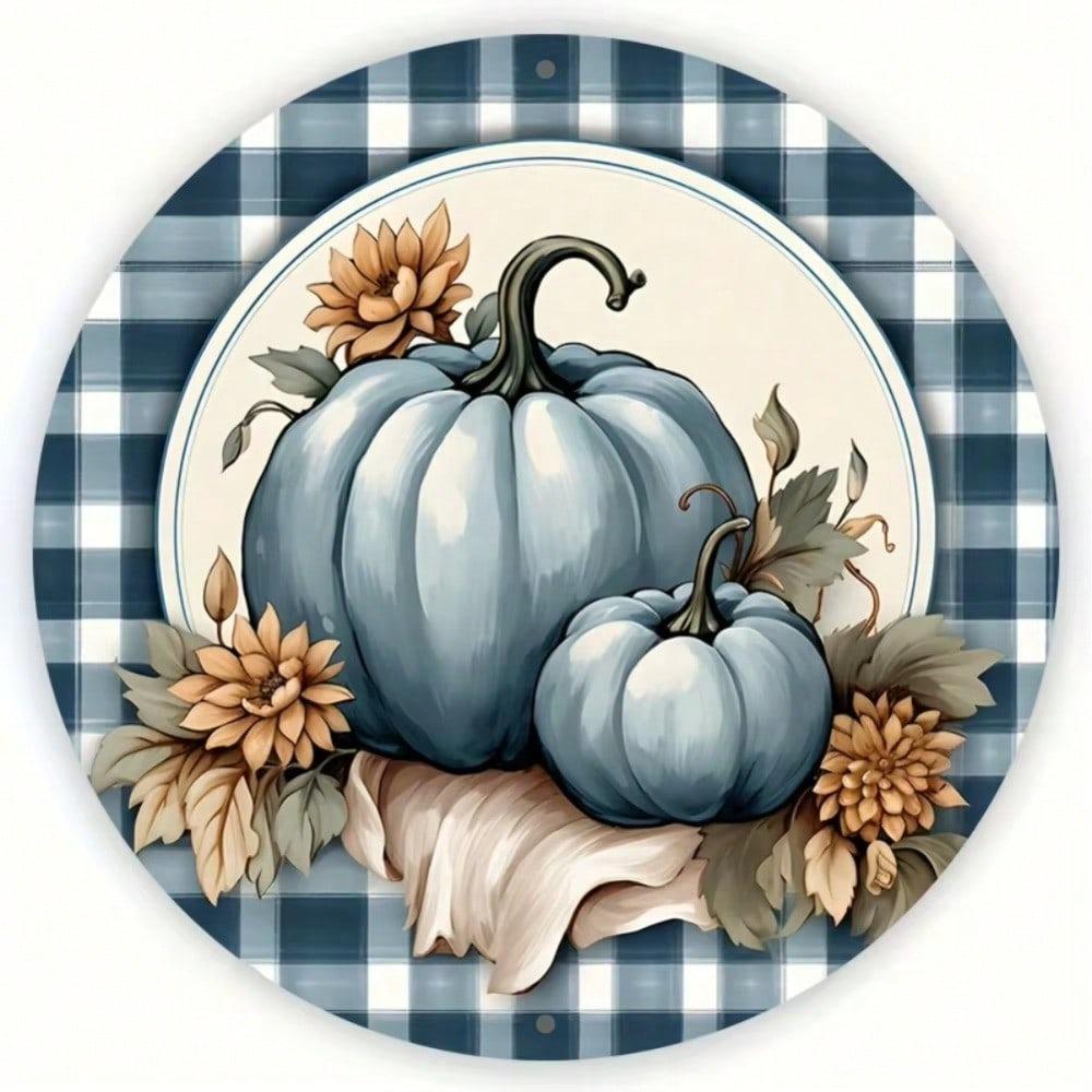 8x8 Inch Blue Pumpkin Metal Wall Art Round Wreath Sign Halloween Christmas Home Decor