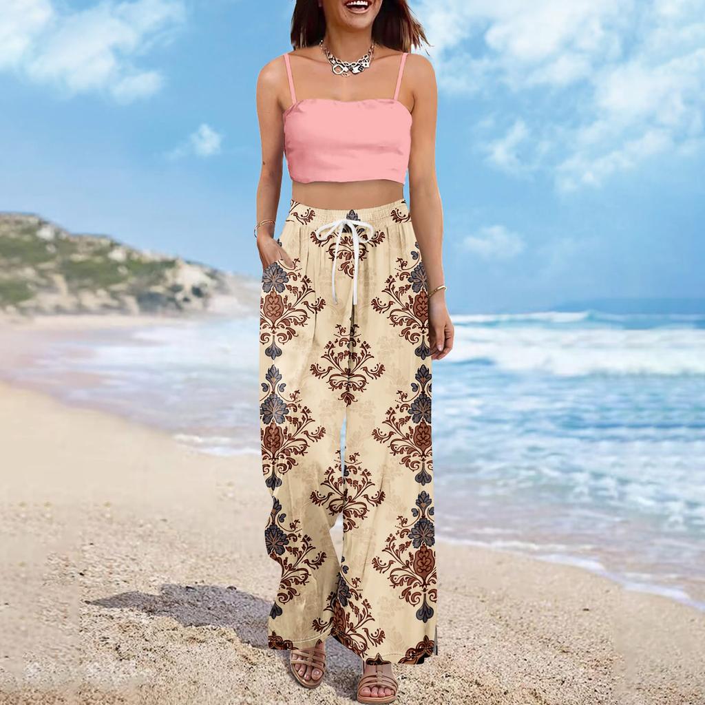 Женские летние брюки-палаццо в стиле бохо с высокой талией, широкие повседневные брюки с цветочным принтом и карманами