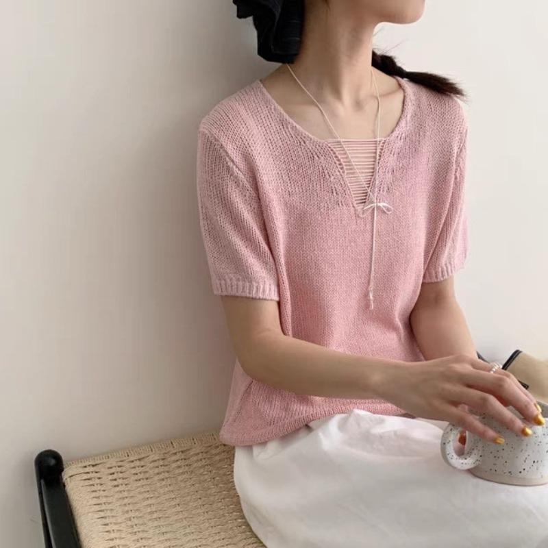 Summer New Hollow V-neck Short-sleeved Knitted Sweater Loose and Thin Thin Yarn Cool T-shirt Top
