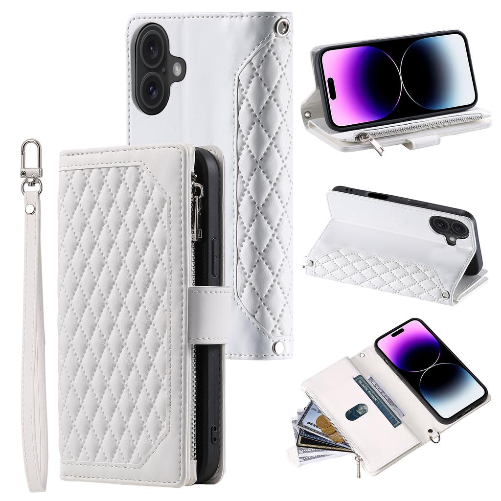 For iPhone 17 Wallet Case Rhombus Stitching Line PU Leather Phone Cover with Wrist Strap
