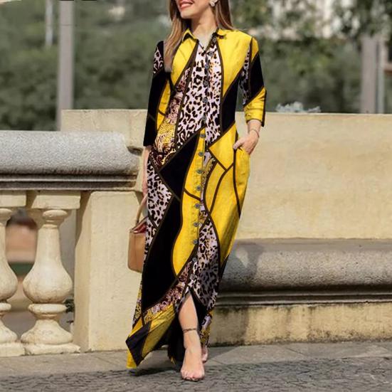 Lady Dress Dress Lapel Long Sleeve Pocket Plus Size Single Breasted Maxi Dress Sexy Leopard Geometric Patchwork Print Dress